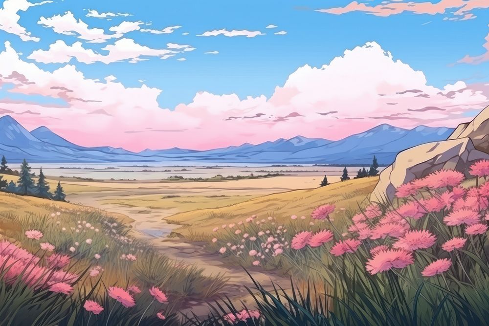 Illustration wildflowers landscape outdoors nature anime.