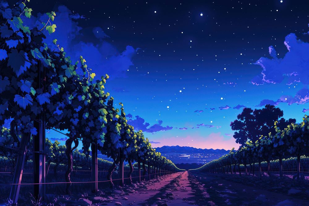 Vine at night landscape outdoors vineyard.