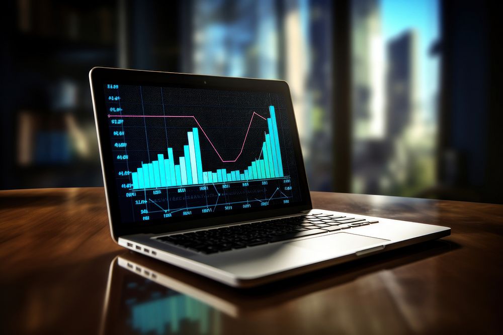 Laptop with a graph computer screen chart. AI generated Image by rawpixel.