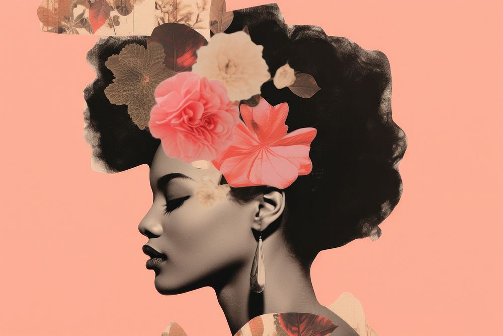 Collage of a black woman flower art portrait.