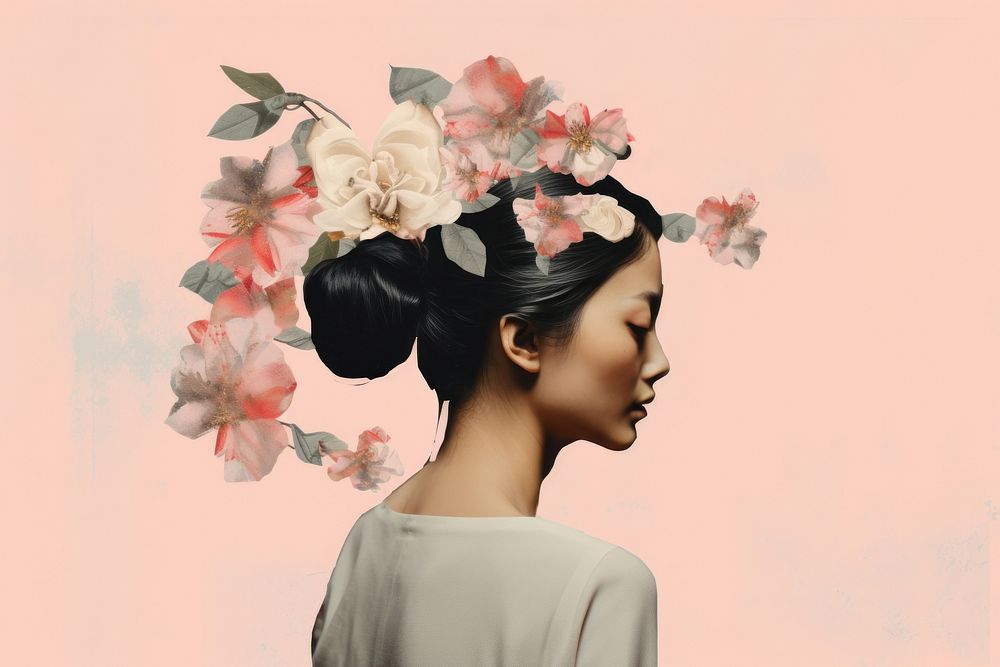 Collage of a asian woman flower portrait adult.