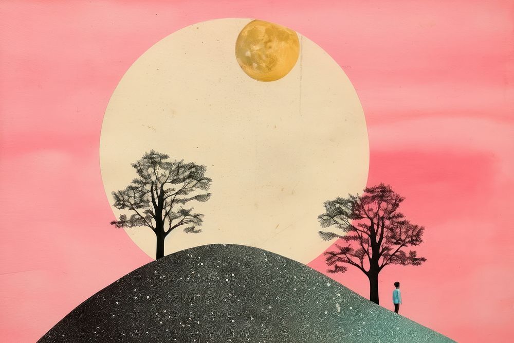 Collage Retro dreamy of moon painting outdoors nature.