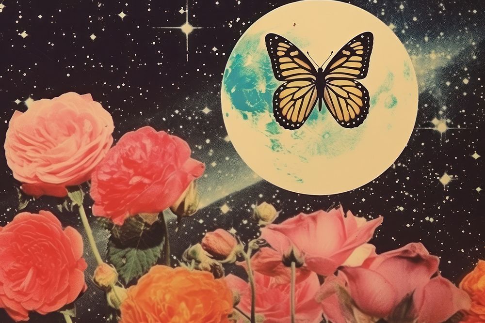 Collage Retro dreamy of butterfly and rose outdoors nature flower.