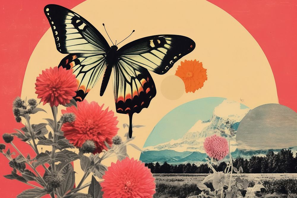 Collage Retro dreamy of butterfly and flower outdoors nature insect.