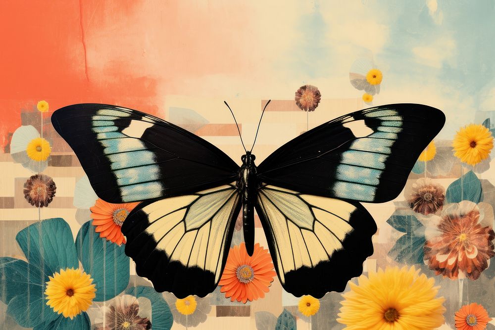 Collage Retro dreamy of butterfly and flower painting insect animal.
