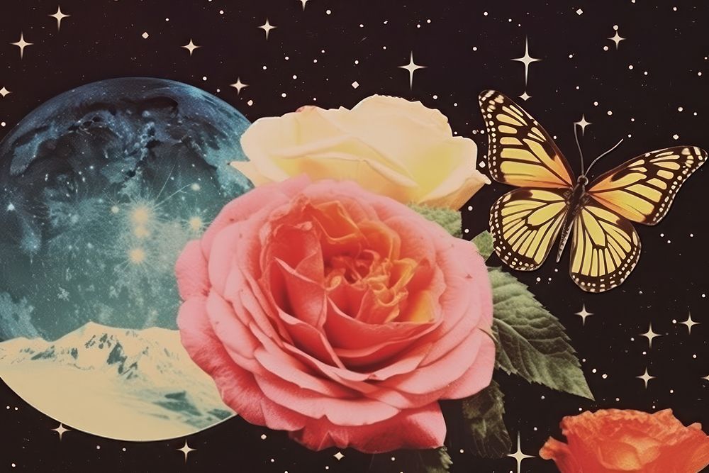 Collage Retro dreamy of butterfly and rose flower nature petal.