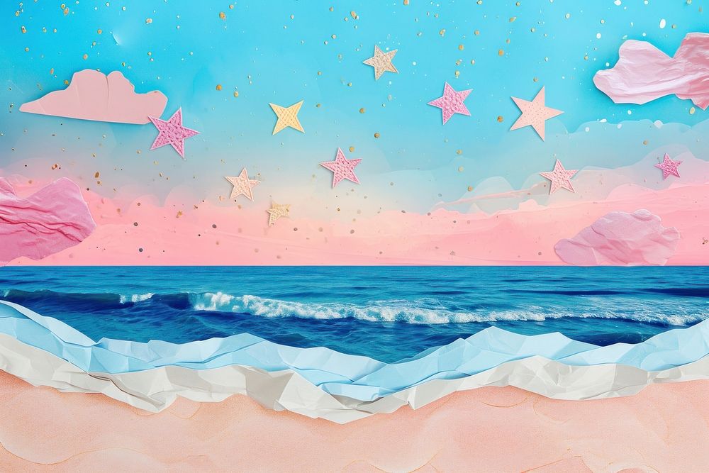 Collage Retro dreamy of beach and sky fill with star outdoors painting nature.