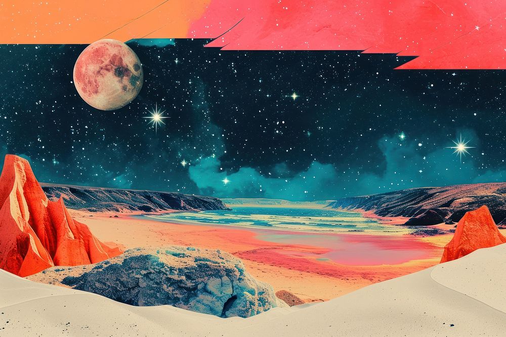 Collage Retro dreamy of beach and sky fill with star landscape astronomy outdoors.