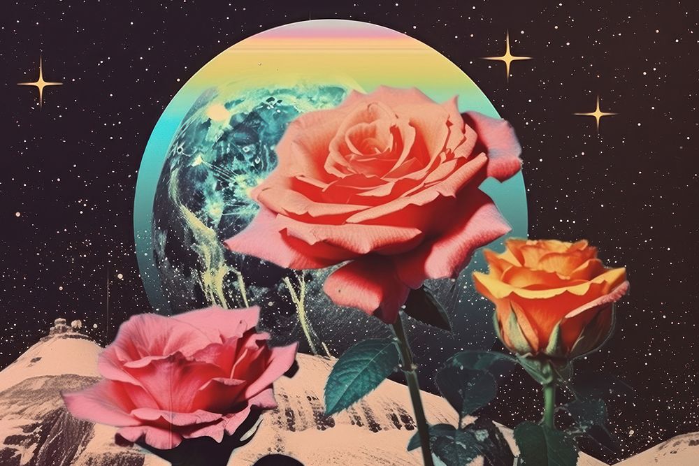 Collage Retro dreamy of beach rose and butterfly astronomy nature flower.