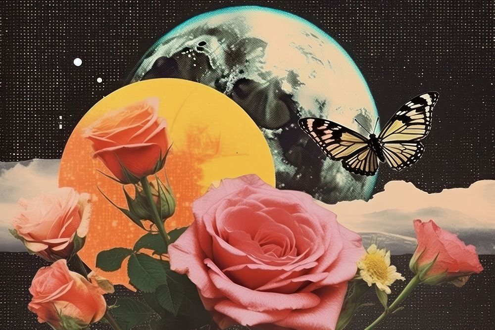 Collage Retro dreamy of beach rose and butterfly outdoors flower plant.
