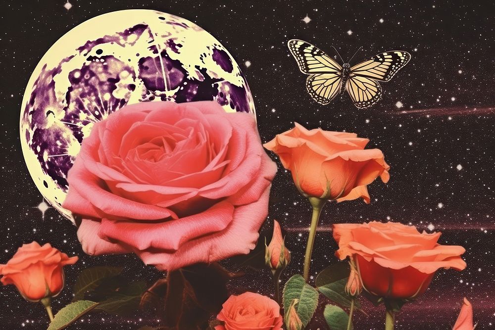 Collage Retro dreamy of beach rose and butterfly outdoors flower plant.