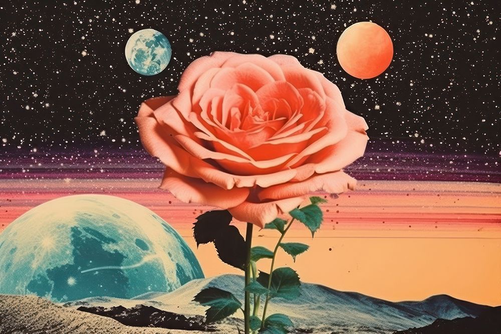 Collage Retro dreamy of beach rose and butterfly astronomy painting nature.