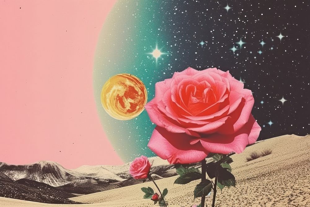 Collage Retro dreamy of beach rose nature flower galaxy.