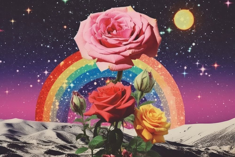 Collage Retro dreamy of beach rose astronomy flower nature.