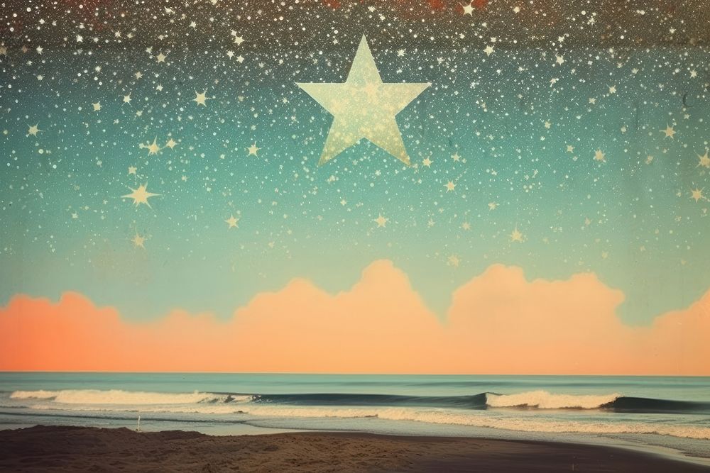 Collage Retro dreamy of beach with sky fill with star outdoors horizon nature.