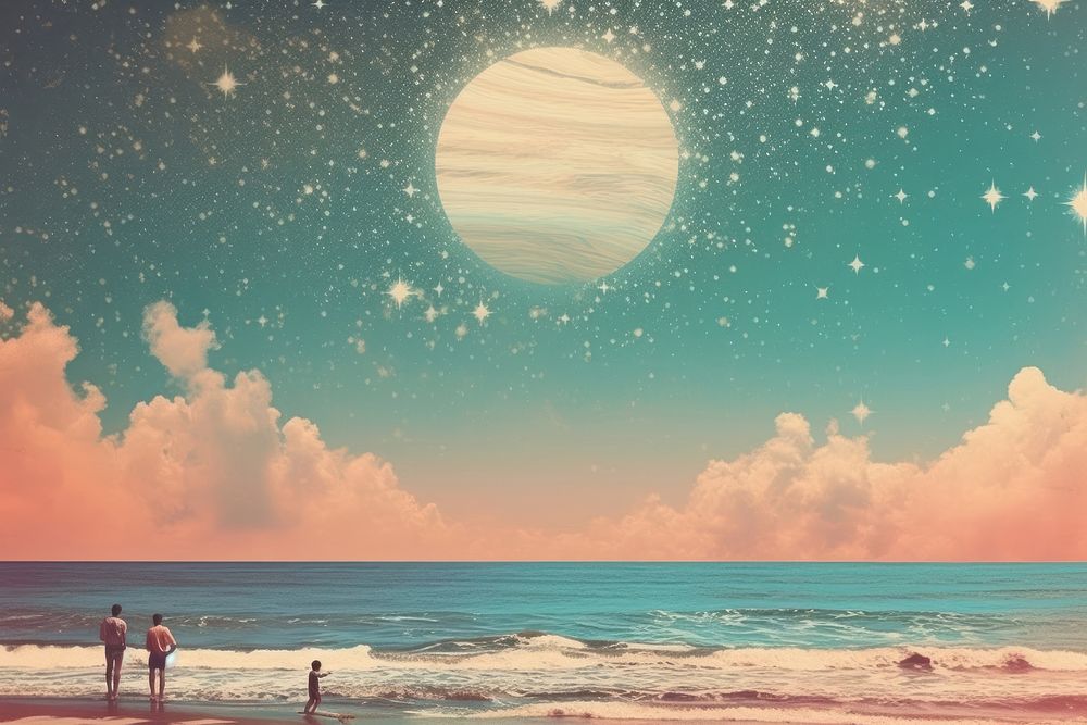 Collage Retro dreamy of beach with people and sky fill with star astronomy outdoors horizon.