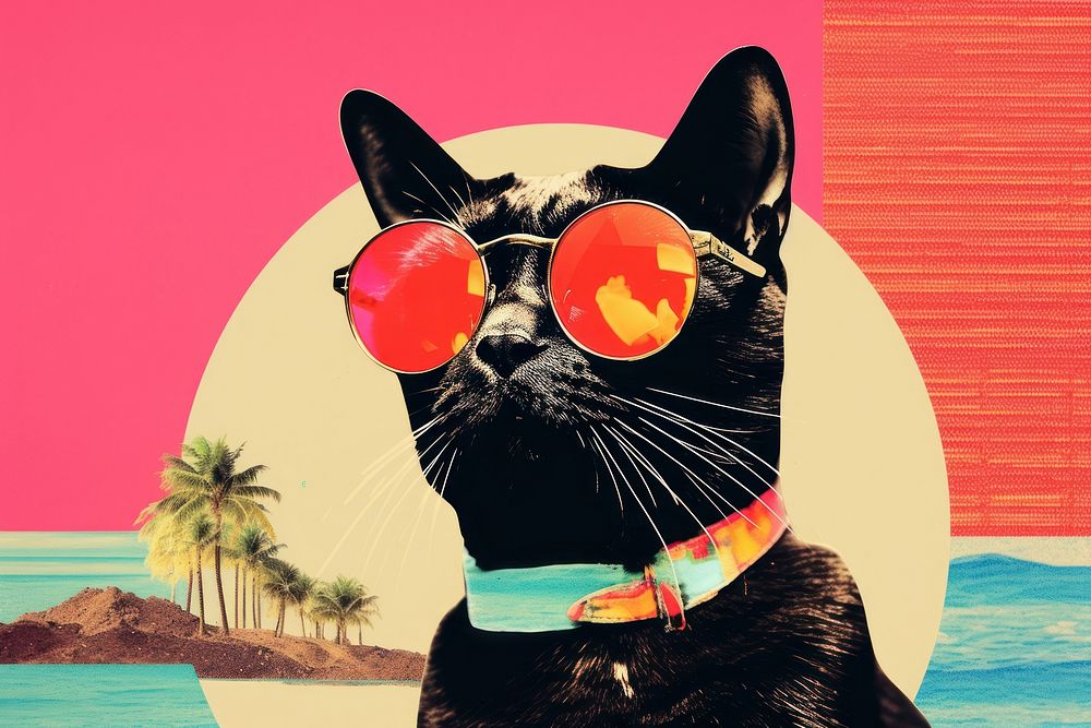 Collage Retro dreamy of cat sunglasses mammal animal.