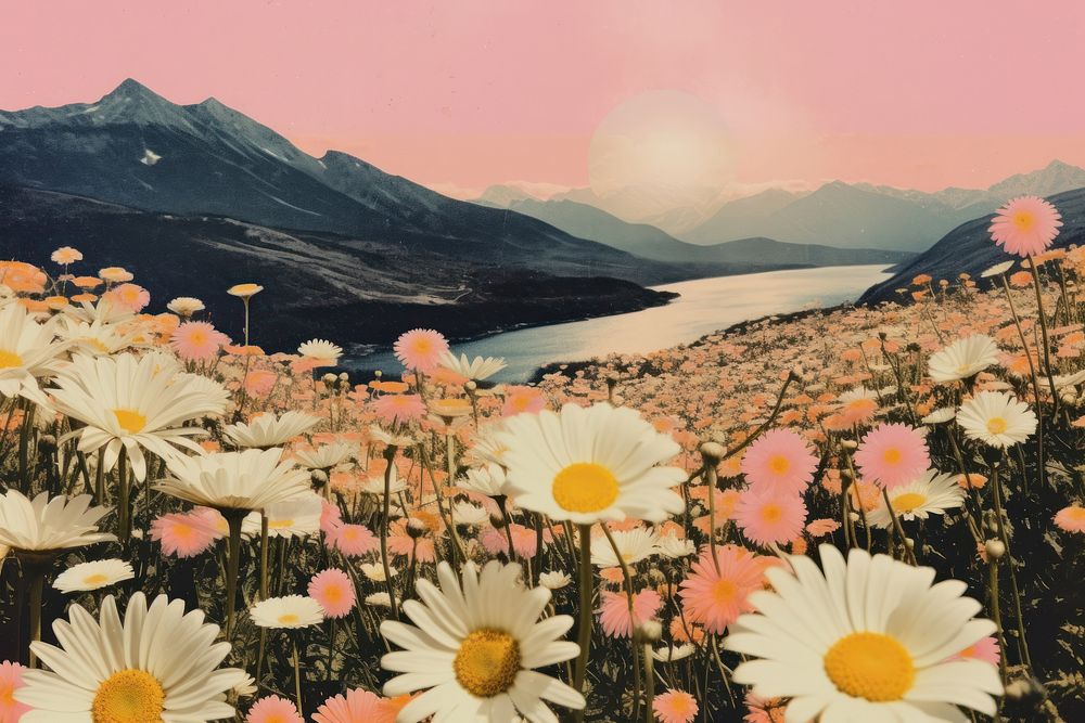 Collage Retro dreamy of daisy landscapes mountain outdoors nature.