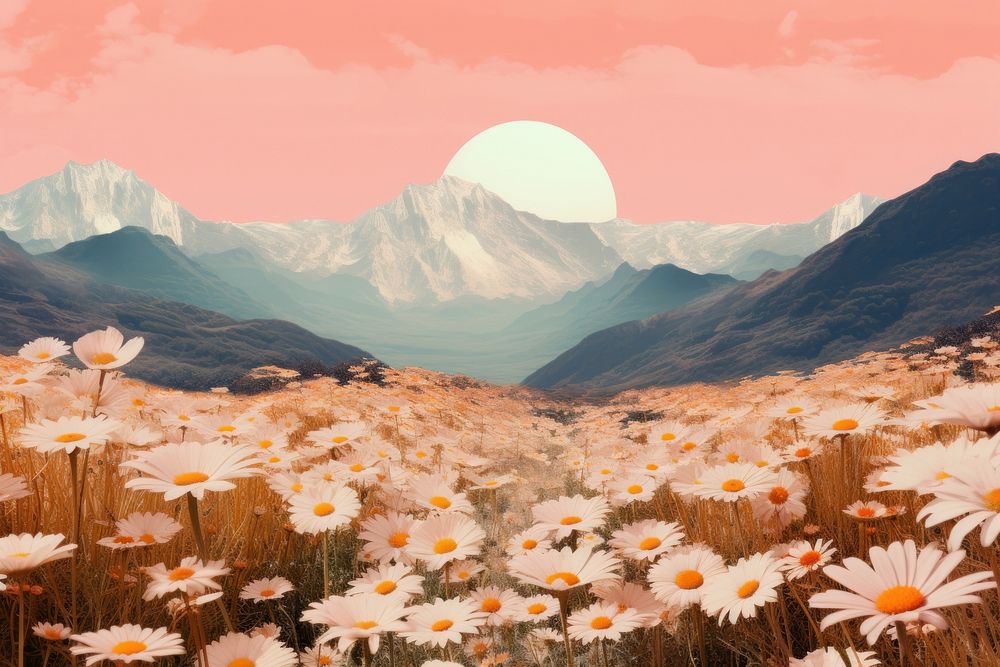 Collage Retro dreamy of daisy landscapes mountain outdoors nature.