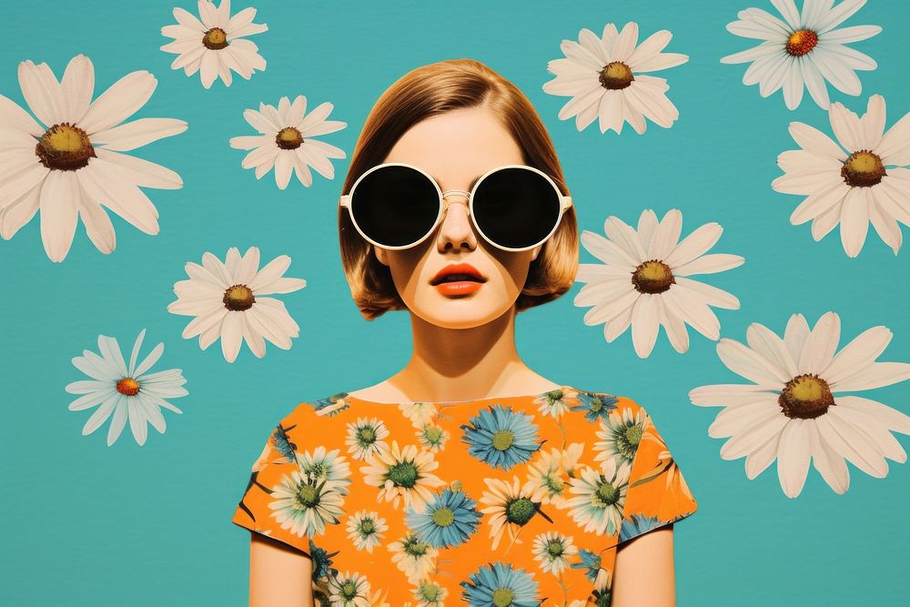 Collage Retro dreamy of daisy sunglasses portrait flower.