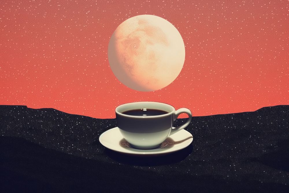 Collage Retro dreamy of Dip the moon into a coffee cup astronomy saucer nature.