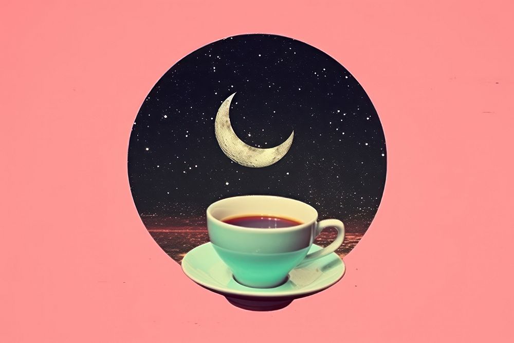 Collage Retro dreamy of Dip the moon into a coffee cup astronomy saucer drink.