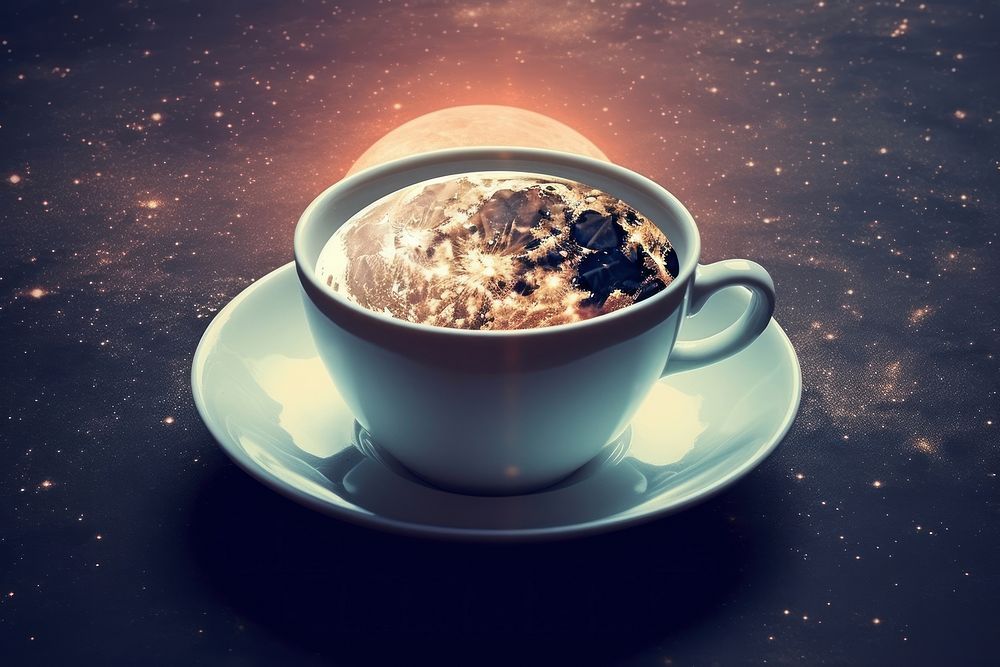 Collage Retro dreamy of full moon in coffee cup dessert saucer drink.