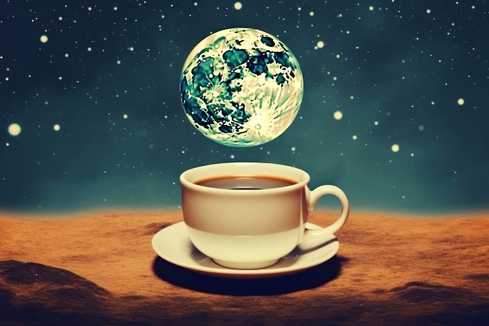 Collage Retro dreamy of full moon in coffee cup astronomy universe nature.