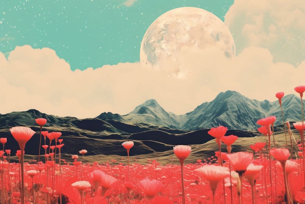 Collage Retro dreamy of field landscapes galaxy and flower astronomy outdoors nature.