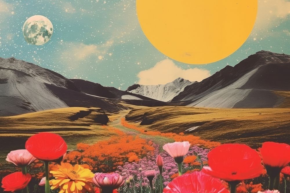 Collage Retro dreamy of field landscapes galaxy and flower outdoors nature poppy.