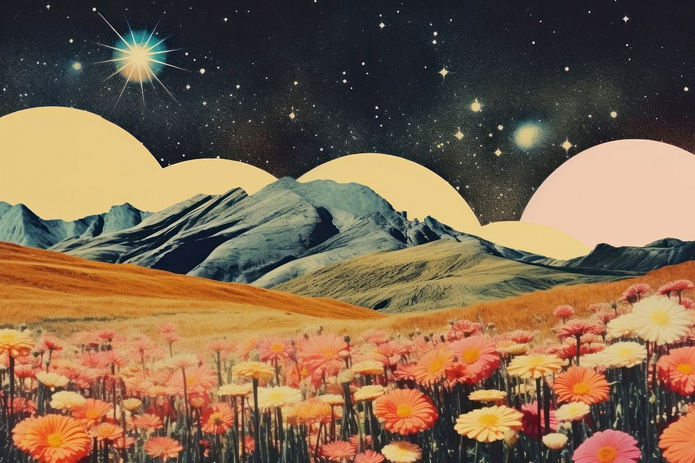 Collage Retro dreamy of field landscapes galaxy outdoors nature flower.