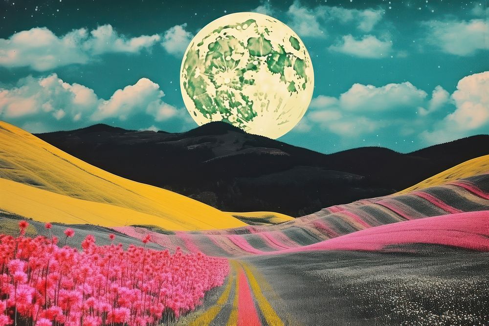 Collage Retro dreamy of field landscapes galaxy astronomy outdoors nature.