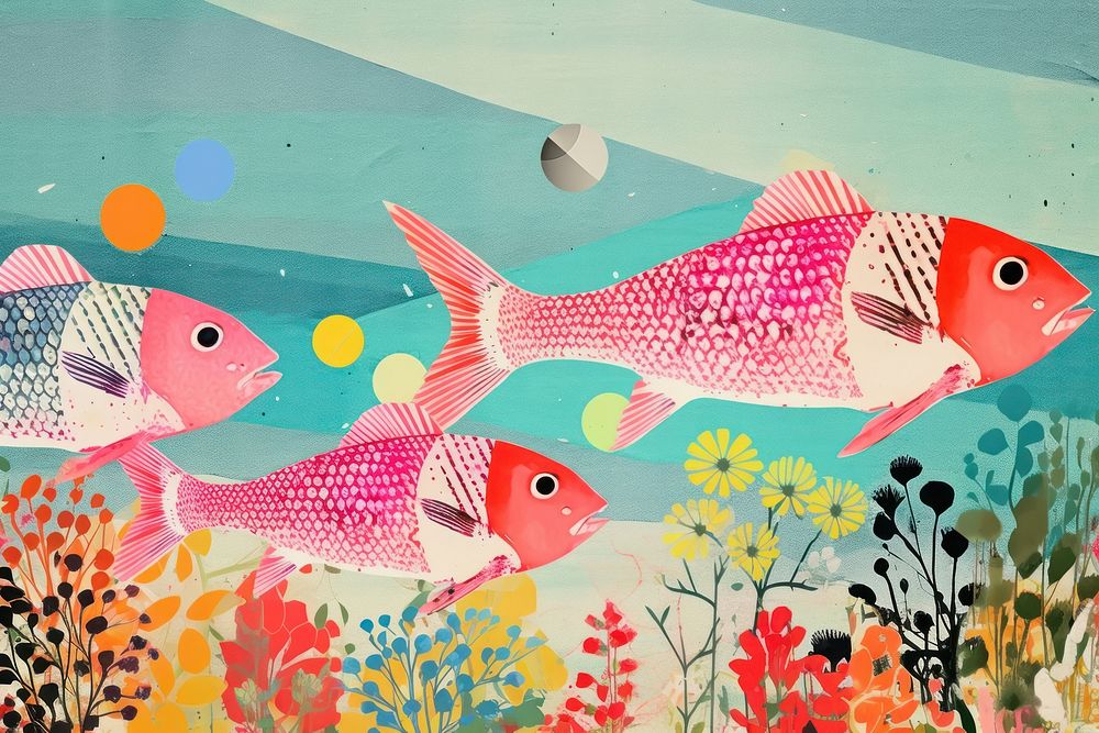 Collage Retro dreamy of fish painting animal nature.
