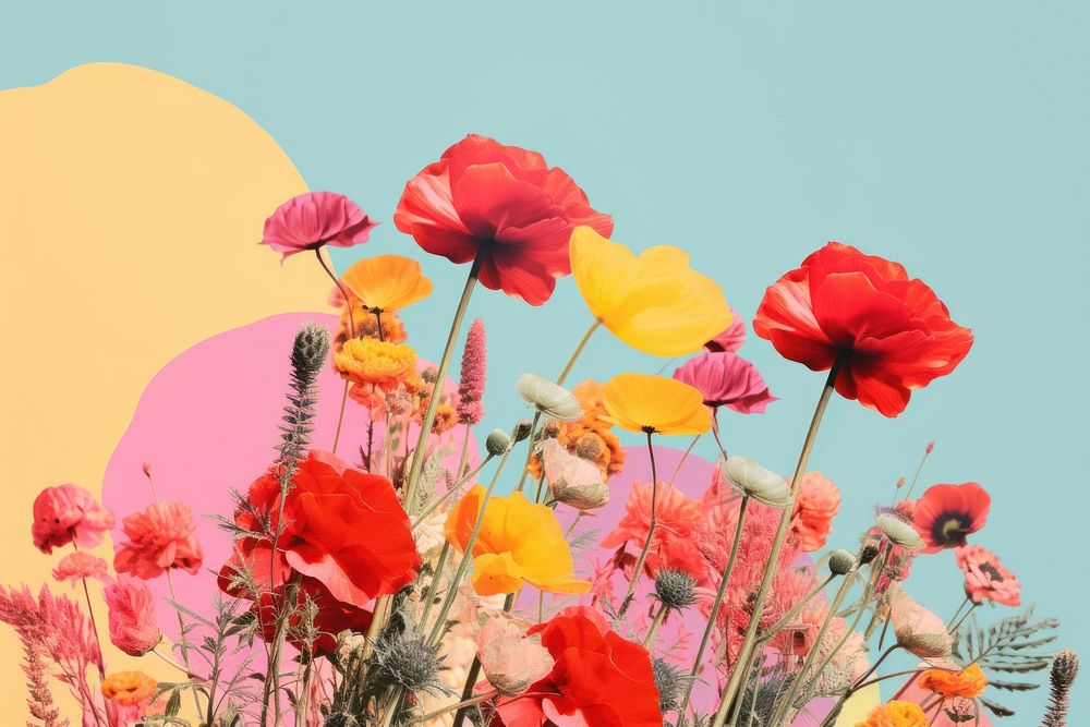 Collage Retro dreamy of flower background outdoors poppy plant.
