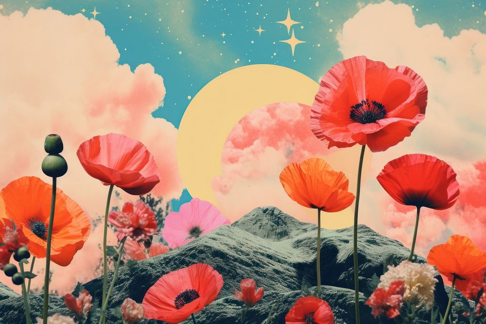 Collage Retro dreamy of flower background outdoors nature poppy.