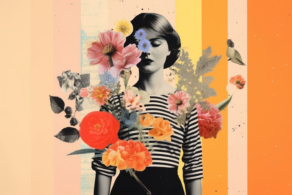 Collage Retro dreamy of flower portrait painting pattern.