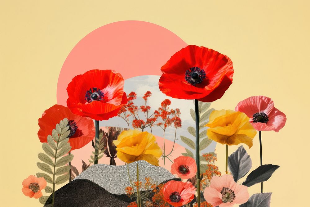 Collage Retro dreamy of flower poppy plant rose.