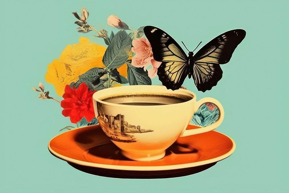 Collage Retro dreamy of flowers butterfly in coffe cup saucer coffee drink.