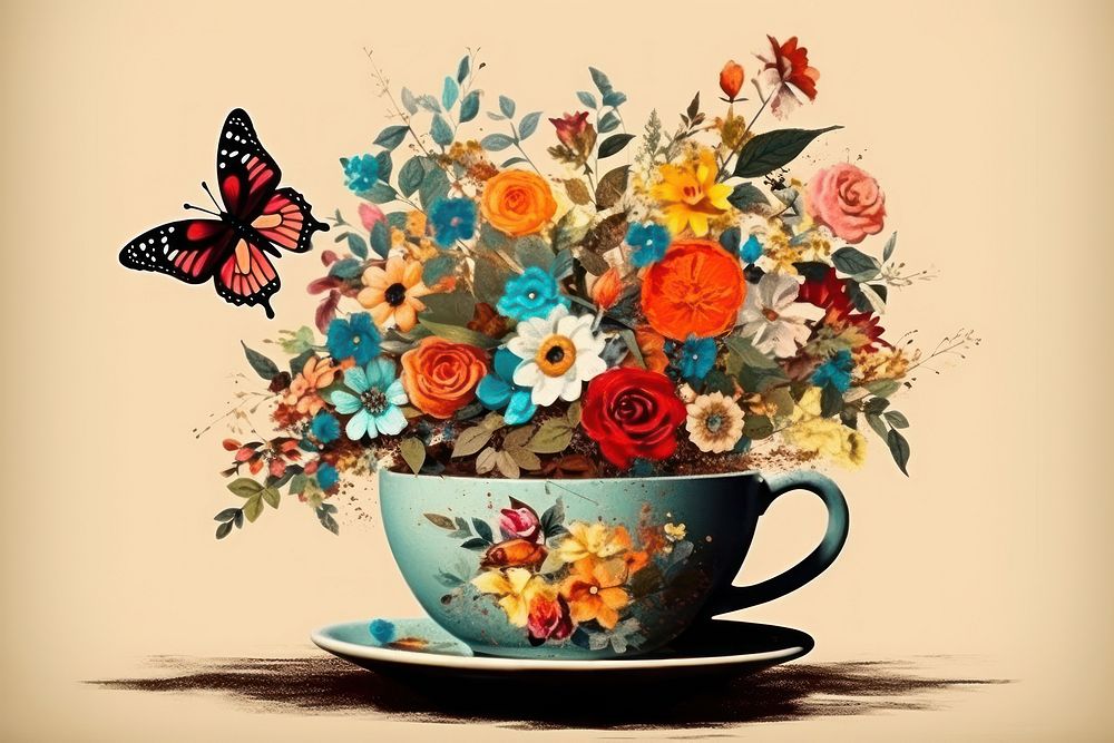 Collage Retro dreamy of flowers butterfly in coffe cup saucer coffee drink.