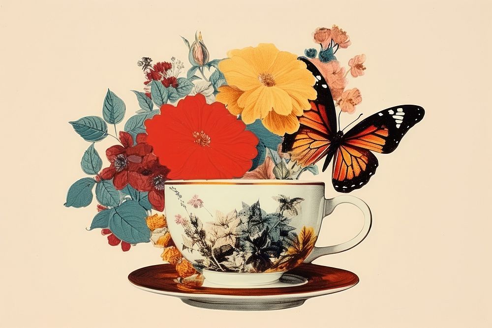 Collage Retro dreamy of flowers butterfly in coffe cup porcelain painting saucer.