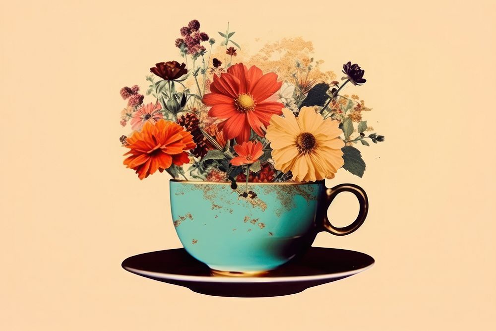 Collage Retro dreamy of flowers in coffe cup saucer plant mug.