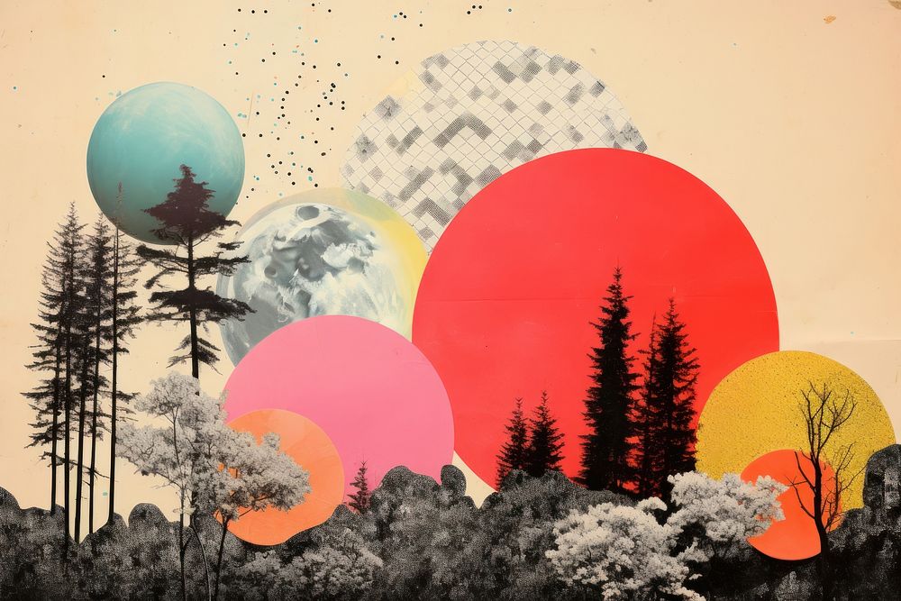 Collage Retro dreamy of forest outdoors painting nature.