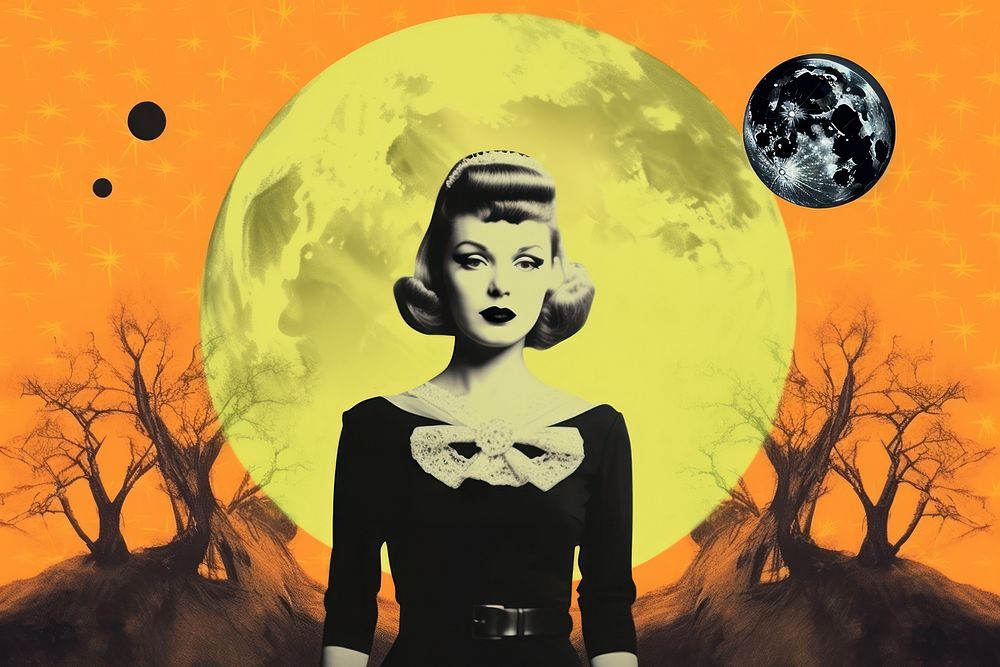Collage Retro dreamy of halloween night moon representation.