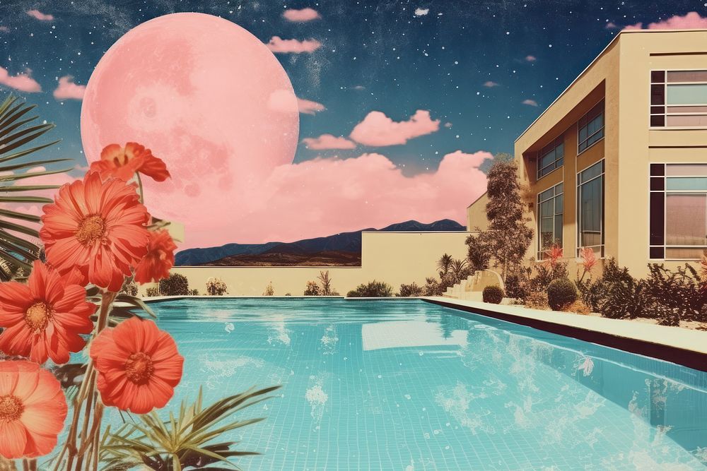 Collage Retro dreamy of large swimming pool nature architecture building.