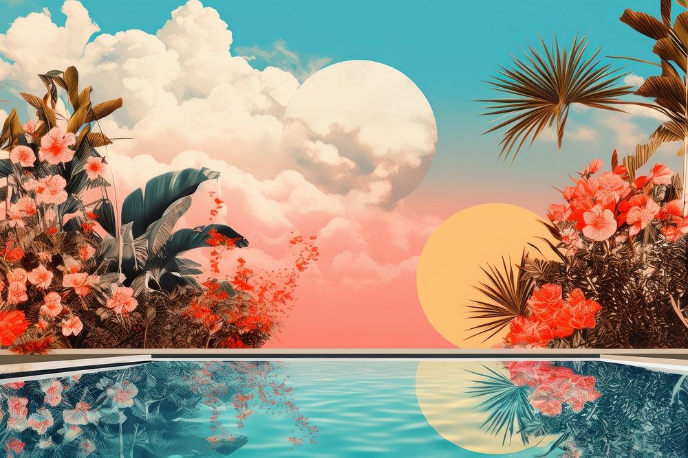 Collage Retro dreamy of large swimming pool nature summer outdoors.