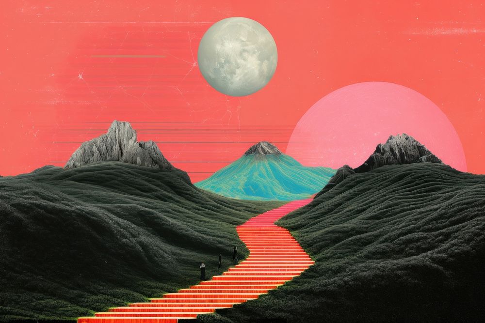 Collage Retro dreamy of love landscapes mountain outdoors painting.