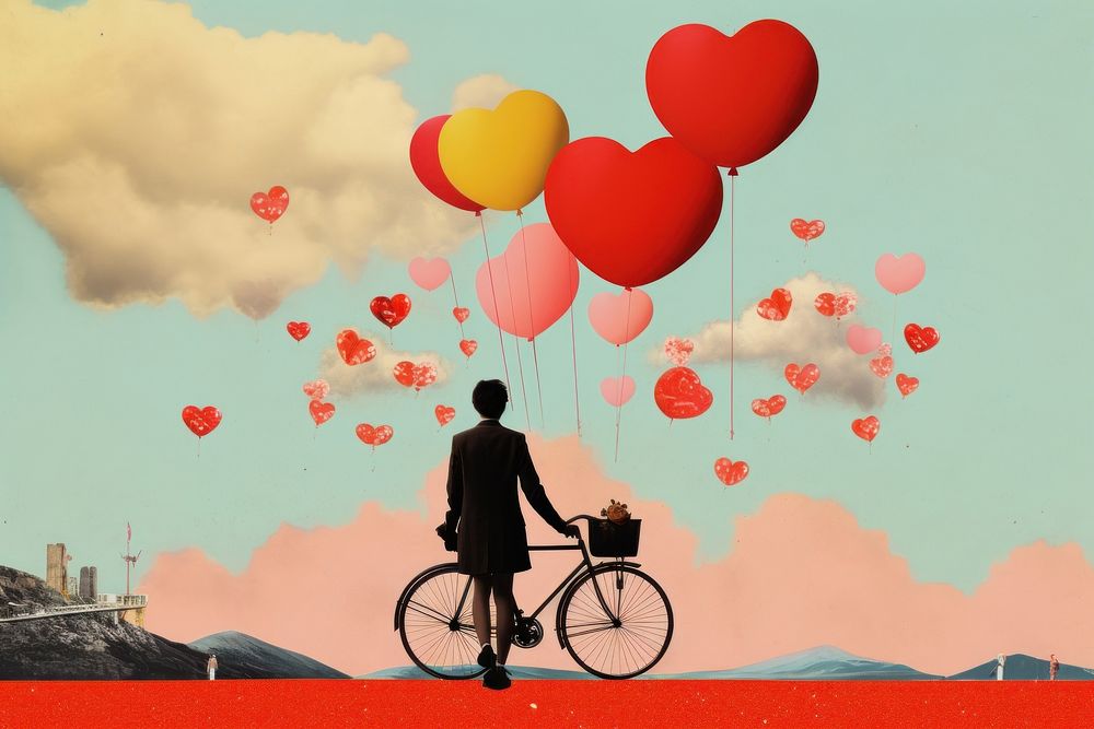 Collage Retro dreamy of love balloon bicycle vehicle.