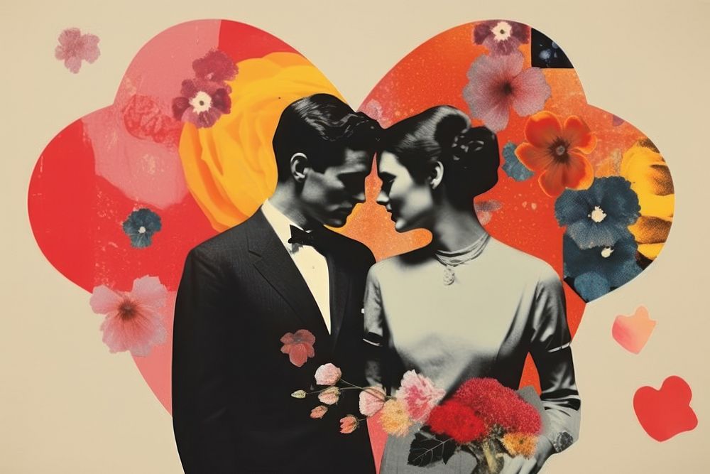 Collage Retro dreamy of real love flower kissing wedding.
