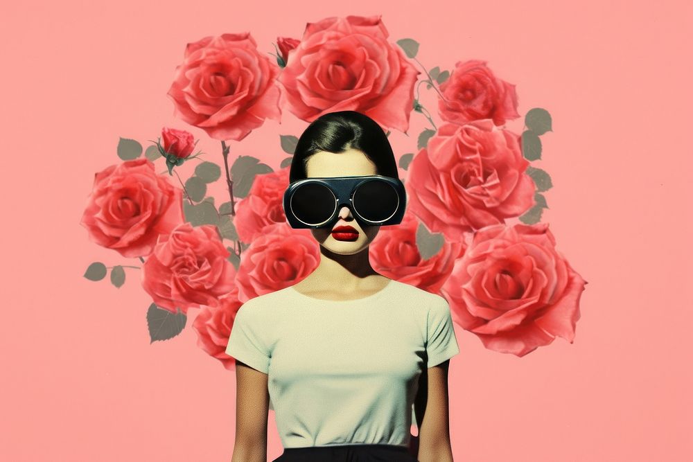 Collage Retro dreamy of rose sunglasses portrait flower.