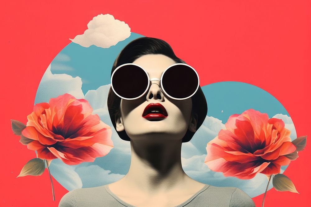 Collage Retro dreamy of rose sunglasses portrait flower.